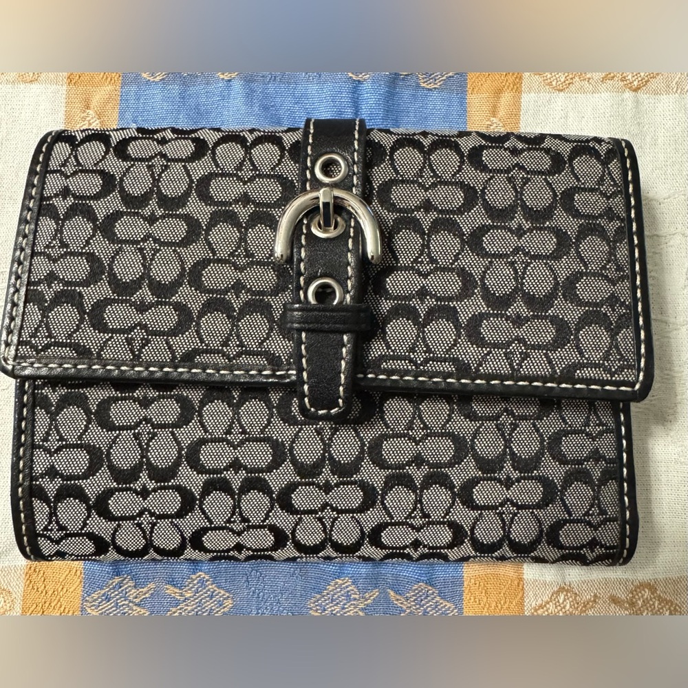 Coach Monogram Black and Gray Tri-fold Wallet